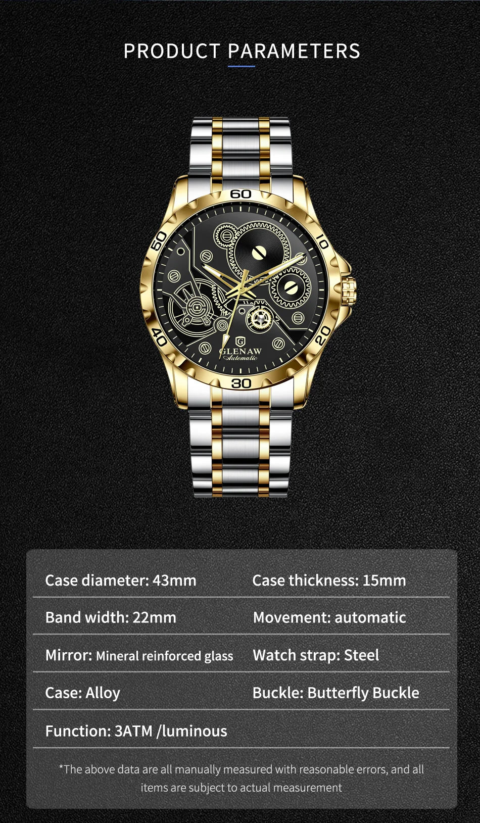 2025 New Glenaw Watches Gear Mechanical All Luminous Design Style Stainless Steel Waterproof Mechanical Watch Men Clock GL8688