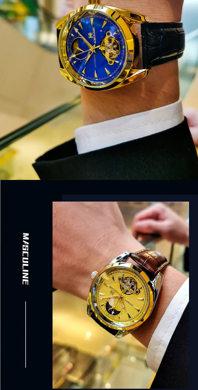 AOKULASIC Luxury Mens Automatic Mechanical Watch Moon Phase Stars Tourbillon Luminous Waterproof Fashion Wristwatch