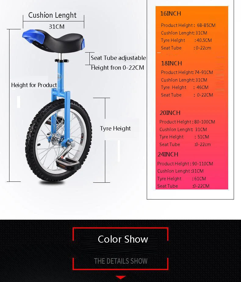24'' Unicycle Monocycle Men Children Adult Balance Bike Funny Acrobatics Single-Wheel Lock Wheelbarrow
