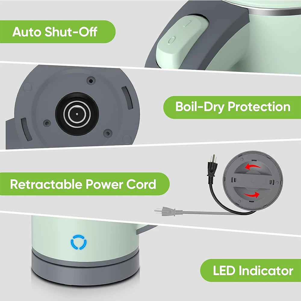 110V/220V Electric Kettle 0.8L Portable Travel Kettle Stainless Steel Liner With Auto Shut-Off 600W 5Mins Fast Boil Home Kettle