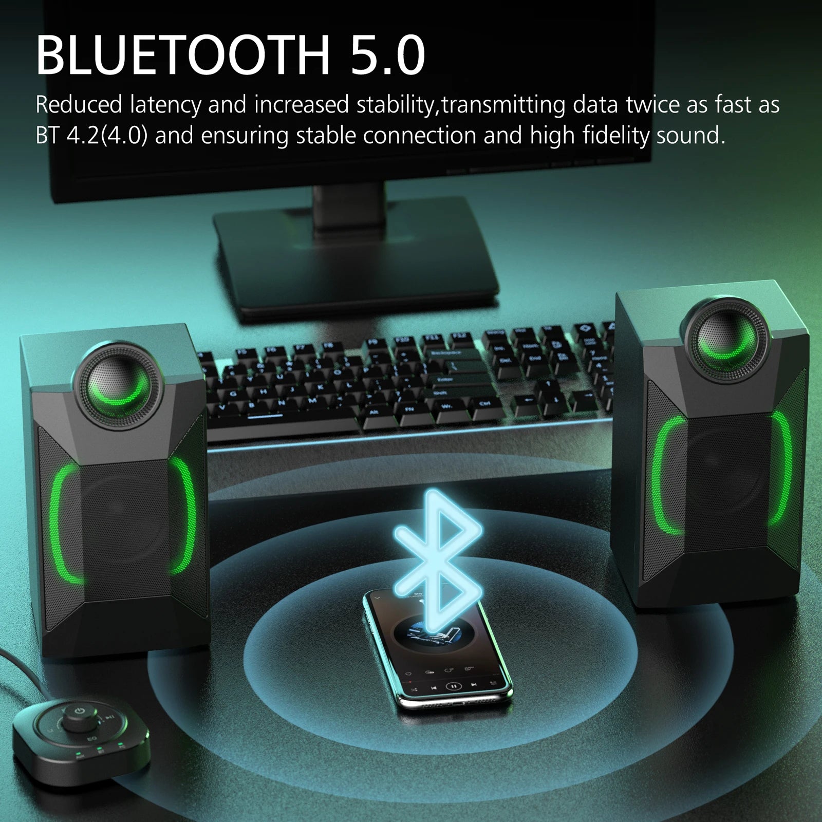 Bluetooth Computer Speakers, Dynamic RGB Desktop Speaker, 32W HiFi Stereo Bluetooth 5.0 or 3.5mm Aux-in PC Speakers, Wired USB P