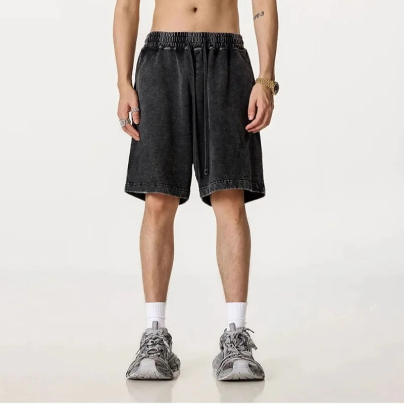 2026 New Distressed Summer Shorts Men 320G Heavy Cotton Drawstring Harajuku Loose Sweatshorts Male Casual Short Pant Streetwear