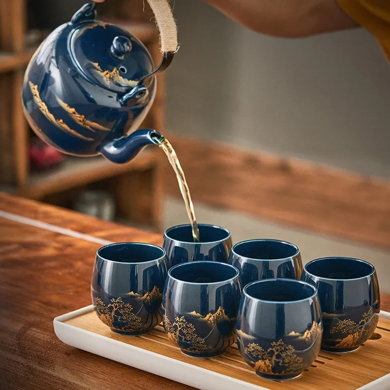Black glaze large-capacity tea set, simple ceramic beam pot, teacup whole tea pot set  tea set  tea pot and cup set