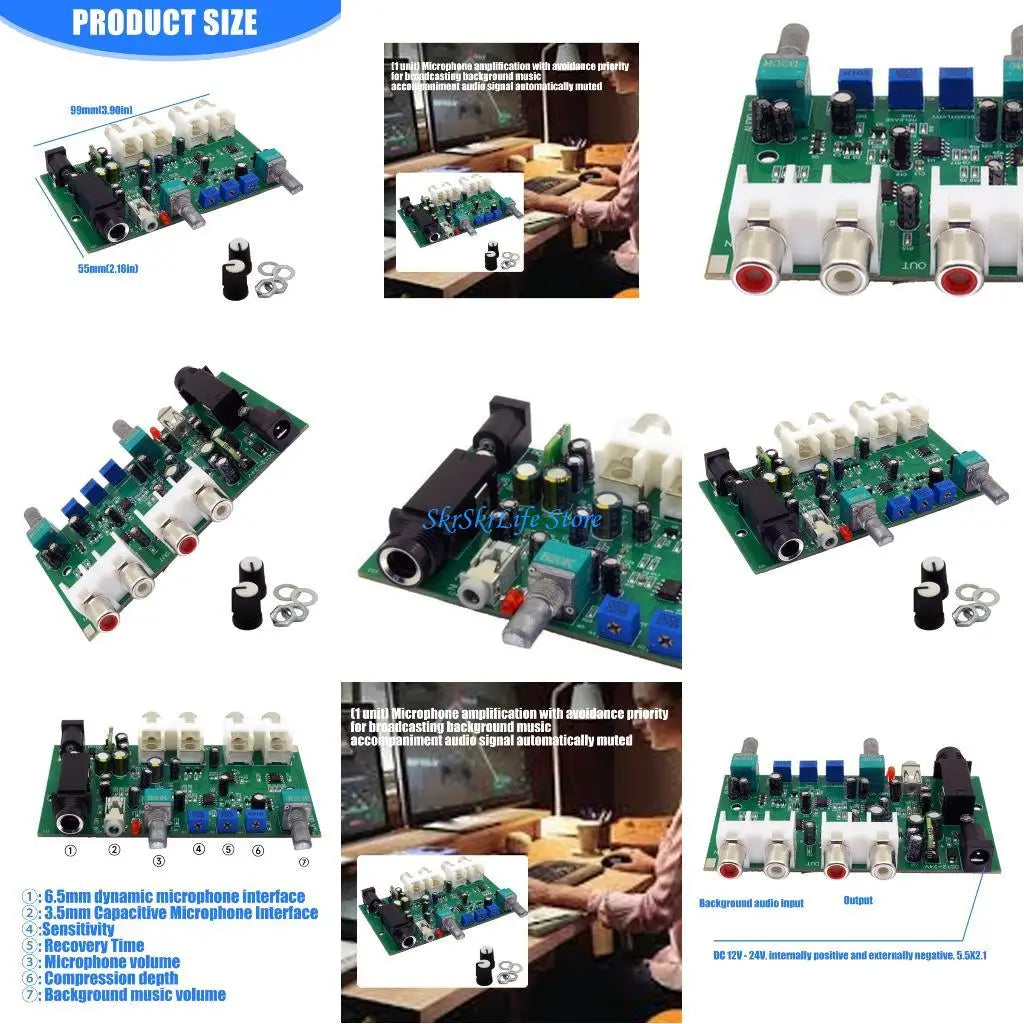 E65E Professional Stereo Audios Mixer Automatically Reduces Background Music Accompaniment Mixing Board DC12V-24V