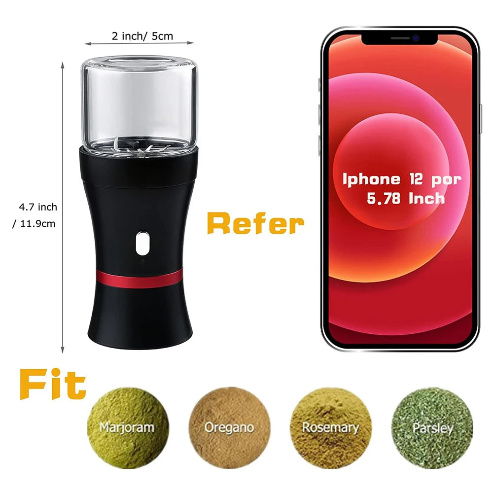 Electric Herb Grinder Compact Size Updated 6 Blades with 50ml Glass Herb Jars USB-Rechargeable Automatic Electric Grinder