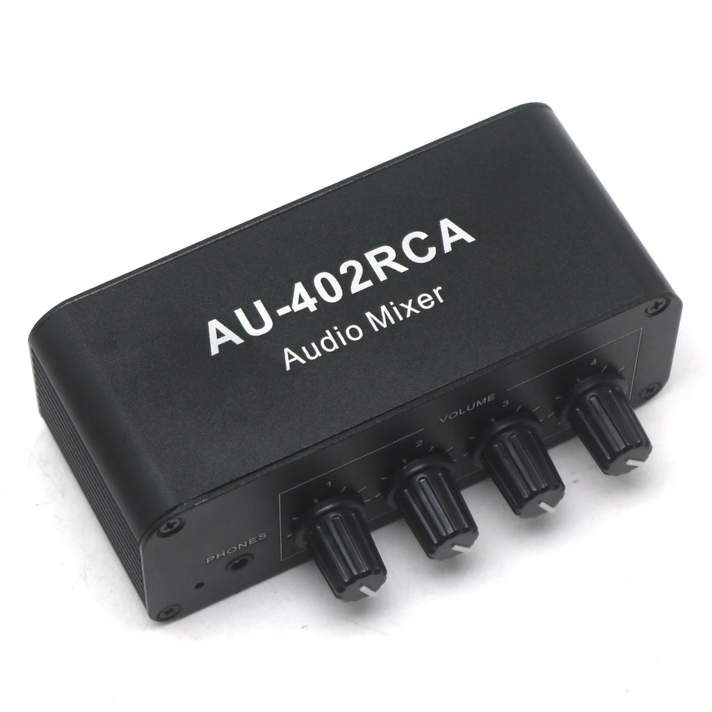 4-in/2-out Stereo Audio Mixer - RCA & 3.5mm Inputs Auto-Mixing No Switching Required Volume Control Drive Headphone Amplifier