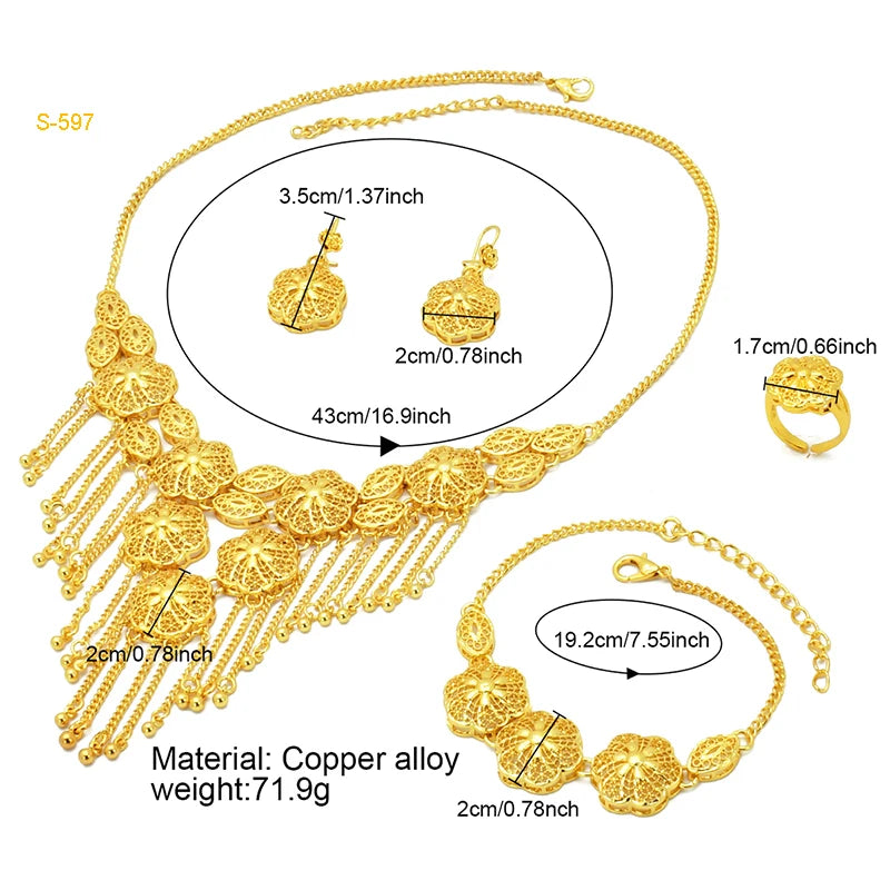 Ethiopian Tassel 24k Gold Plated Jewelry Sets For Women Arabic Wedding Indian Bridal Dubai Necklace And Earring Set Party Gifts