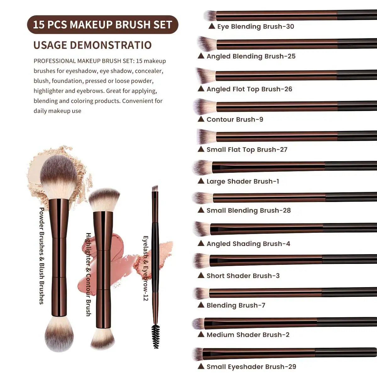 15 PCS Makeup Brushes Double-ended Makeup Brush Set Double Sided Angled/Round Top Brush Foundation Contour Blending Eyebrow Eyes
