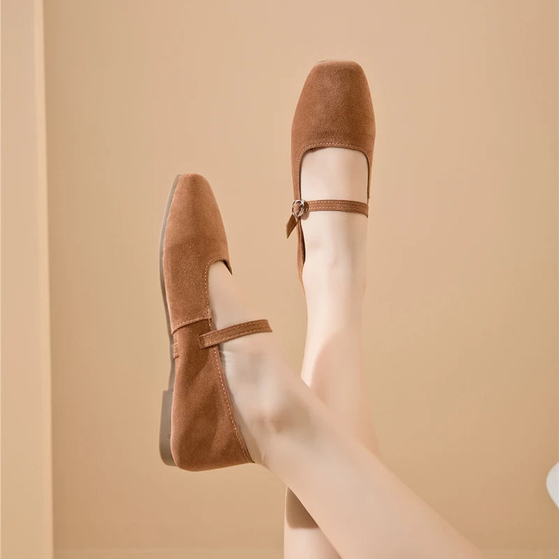 AIYUQI Mary Jane Women's Shoes 2026 New Suede Leather Non-slip Women Ballet Flat Shoes Square Toe Comfortable Female Shoes