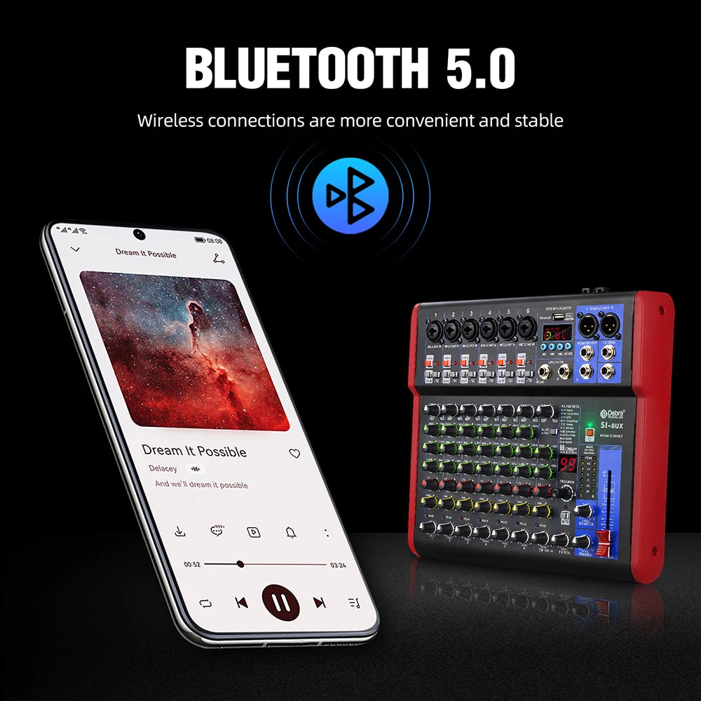 4 6 8-channel portable audio mixer, 99 DSP digital effects, Bluetooth 5.0 USB tuner for DJ consoles, karaoke, music festivals