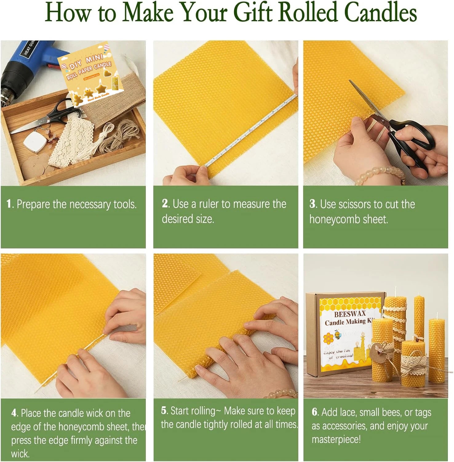 Beeswax DIY Candle Making Kit Candle Making Supplies 8in Beewax Sheets with Cotton Wick Bee Ornaments Lace Ribbon and Hemp Rope