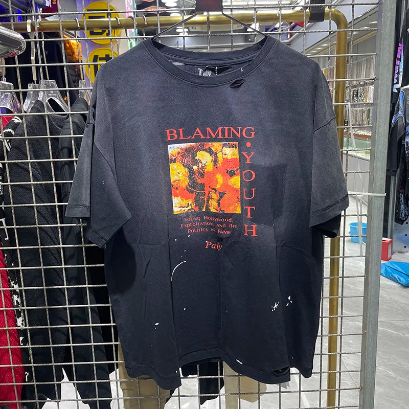 Best Quality Vintage Paly T Shirts Men Woman Spring Summer High Street Casual Round Neck Top Tee Short Sleeve Damaged Style