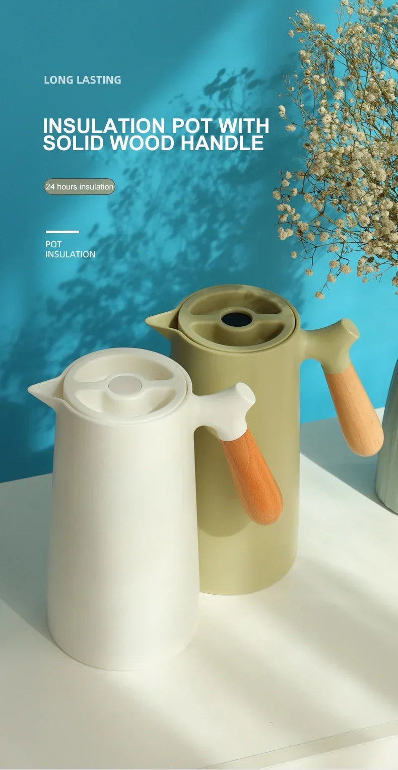 1L European Style Insulated Kettle Household Hot Water Bottle Insulated Bottle Wooden Handle Large Capacity Warm Water Kettle