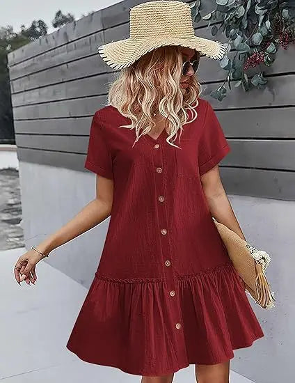 Casual Cotton Linen Summer Mini Dress For Women V-Neck Ruffles Short Sleeve Short Dress Ladies Fashion Loose Button Dresses
