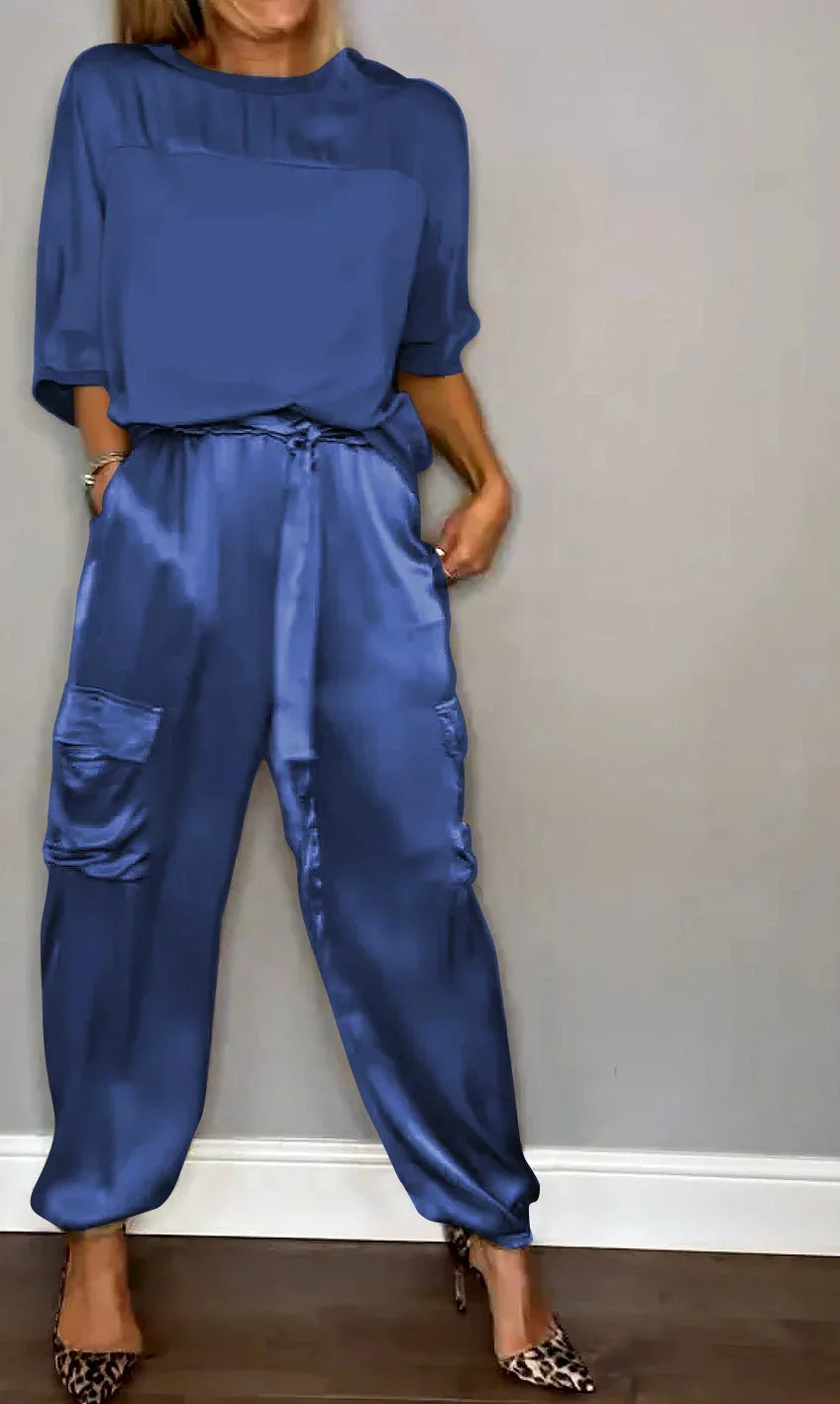 2024 Spring Women's New Fashionable Smooth Satin Half Sleeve Top With Strap Pants Pocket Set Half Sleeve Pants Two Piece Set
