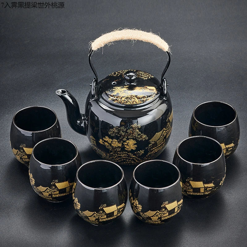 Black glaze large-capacity tea set, simple ceramic beam pot, teacup whole tea pot set  tea set  tea pot and cup set