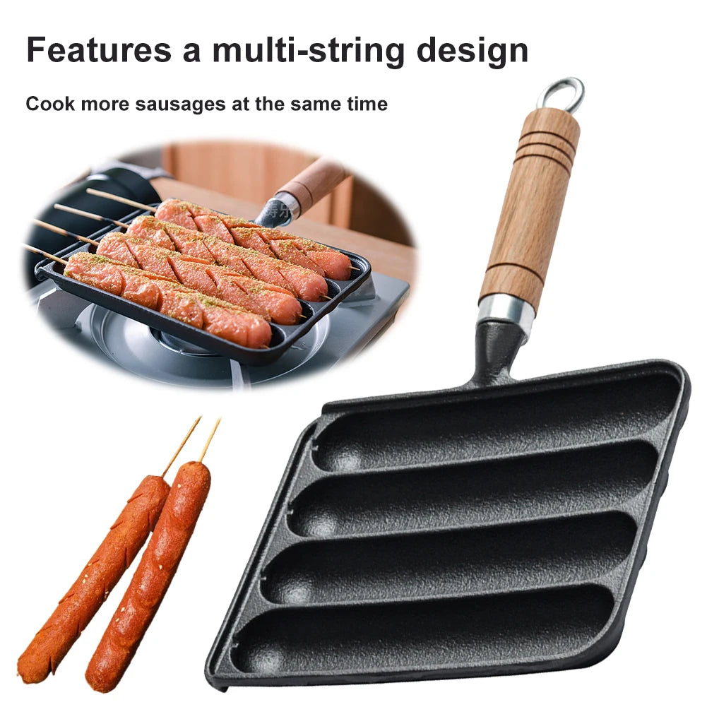 Cast Iron Pre-Seasoned Pot Non-Stick Pre-Seasoned Grilled Sausage Pot with Wooden Handle Hot Dog Mold Pan BBQ Supply Grilled Pot