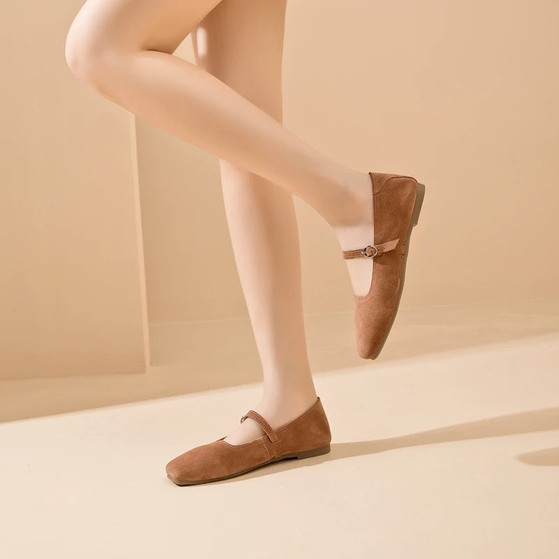 AIYUQI Mary Jane Women's Shoes 2026 New Suede Leather Non-slip Women Ballet Flat Shoes Square Toe Comfortable Female Shoes