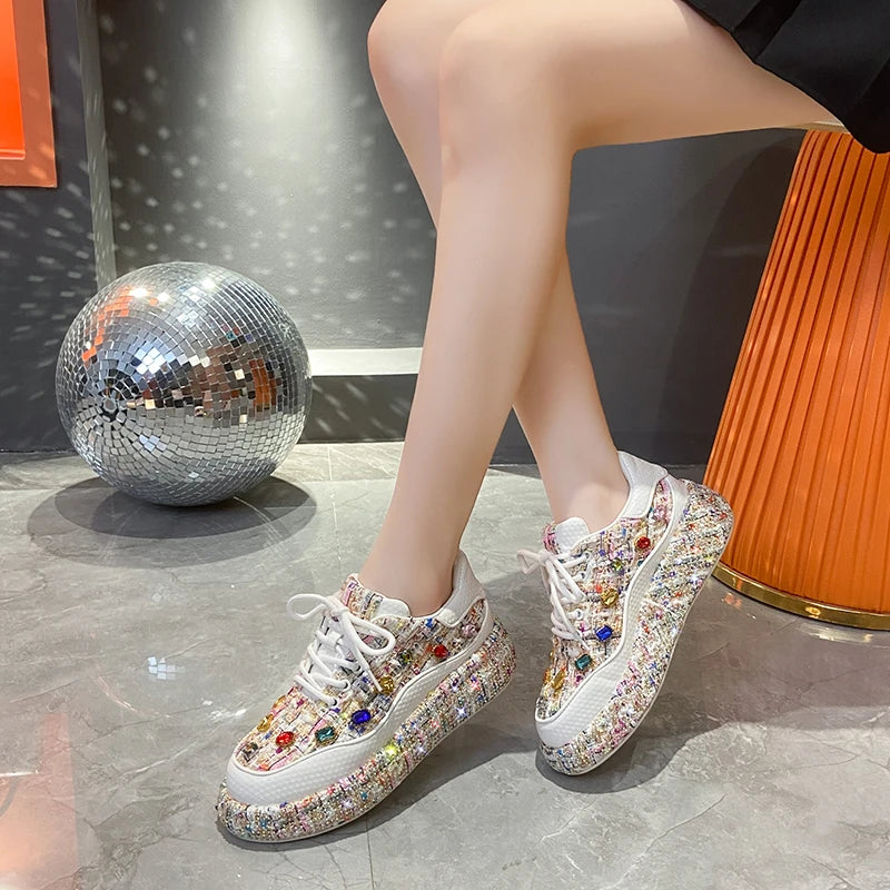 Designer Sneakers for Women 2025 New Spring Shiny Rhinestones Women's Vulcanize Shoes Fashion Autmn Platform Casual Shoes Female
