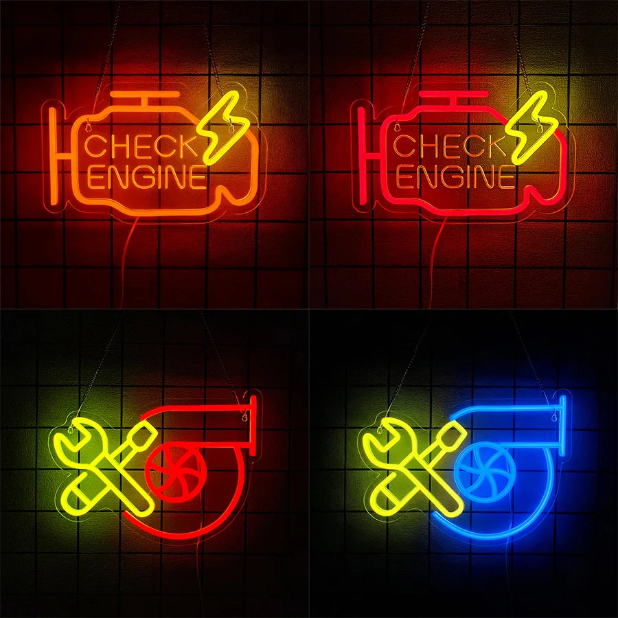 Check Engine Led Neon Sign, Repair Tool Icon, Dad'S Wall Art Gift, Man Cave, Auto Repair Shop, Workshop, Garage And Party Decor.