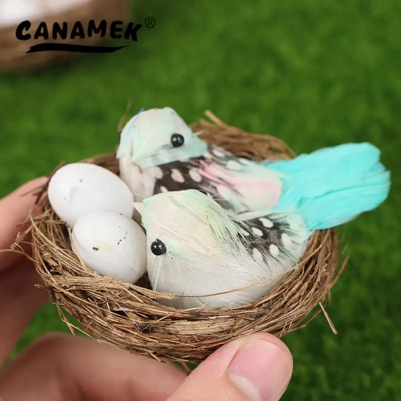 1 Set Artificial Feathered Birds & Nest & Egg Creative Craft Birds Sculpture Art Decoration Home Garden