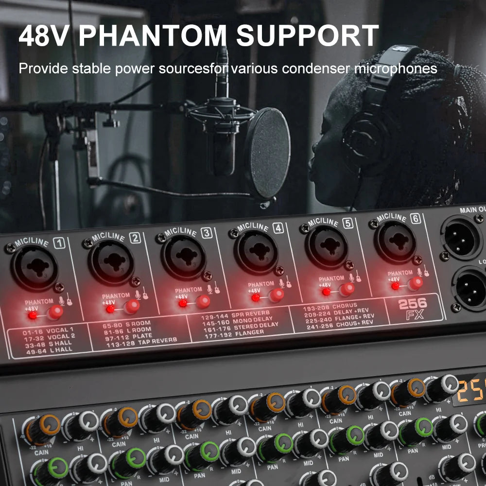 BOMGE 4/6 Channel 256DSP Audio Mixer USB Bluetooth/catu daya 48V independen/cocok untuk studio, panggung DJ, pesta