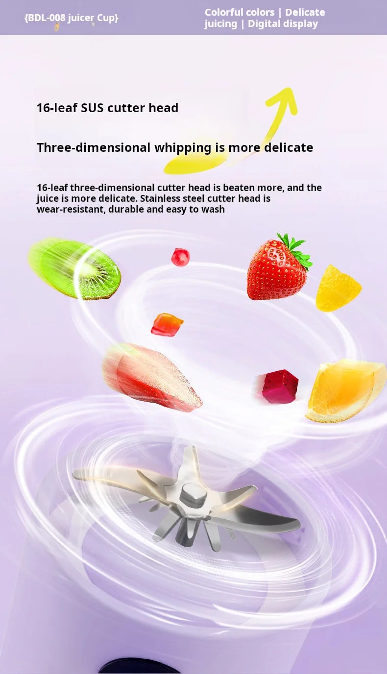 500ML Portable Blender with Lid Rechargeable Wireless Orange Juicer 16 Stainless Blades USB Smoothie Vegetables Fruits Mixer