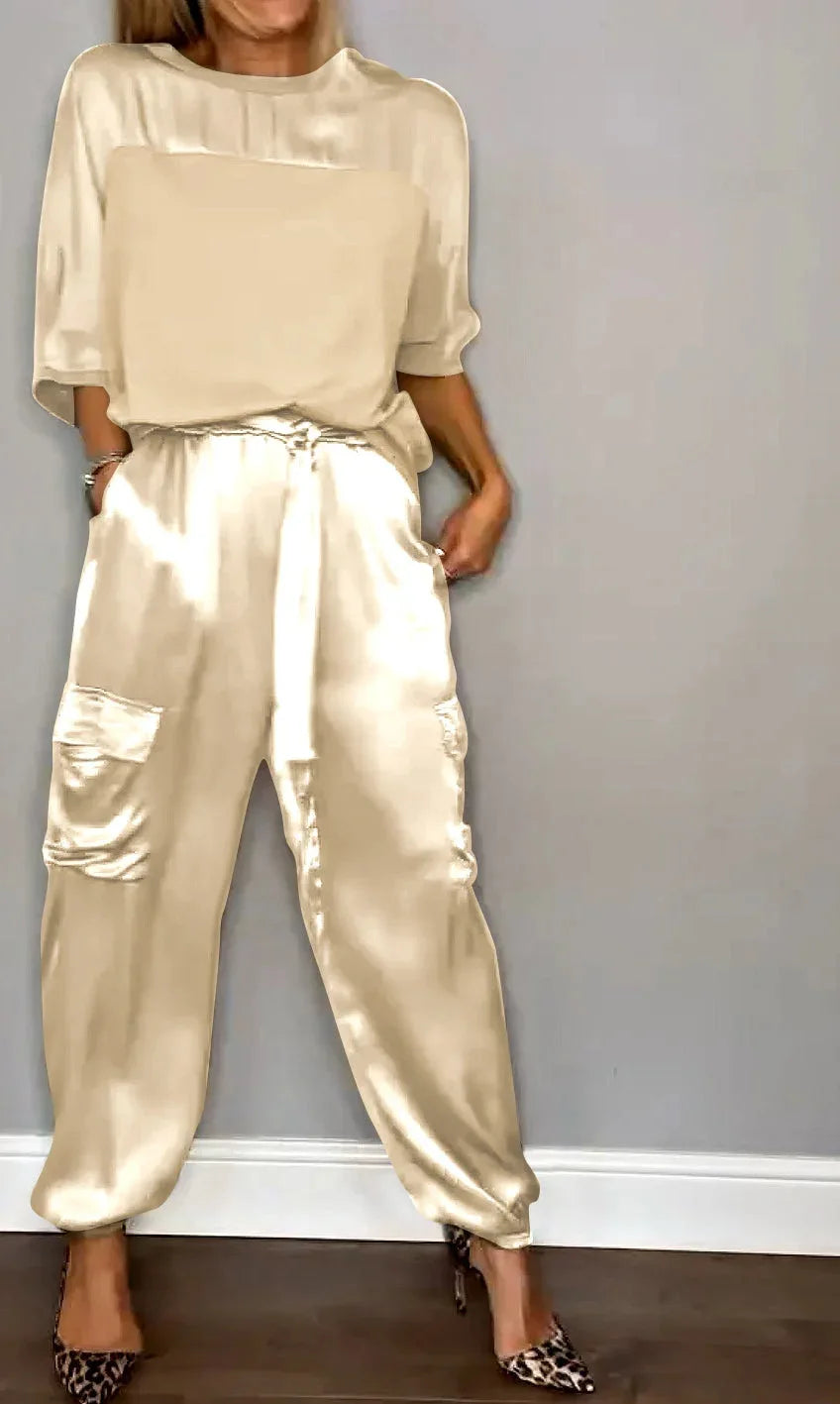 2024 Spring Women's New Fashionable Smooth Satin Half Sleeve Top With Strap Pants Pocket Set Half Sleeve Pants Two Piece Set