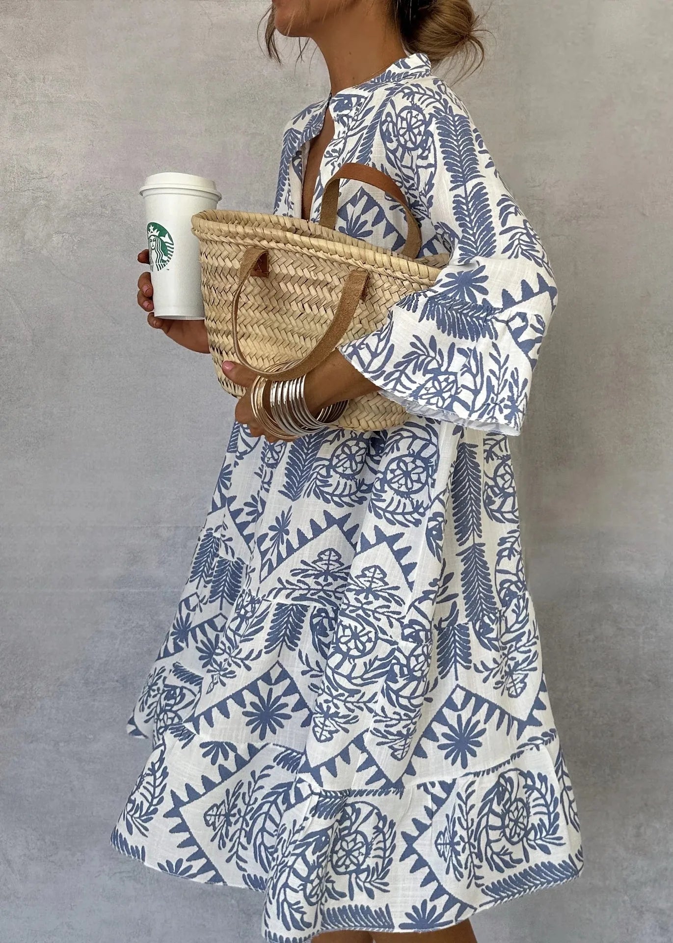 Casual Bohemian Style Print Midi Dresses Women Fashion V-neck 3/4 Sleeve Loose Shirt Dress Summer Female Beach Dress Vestidos