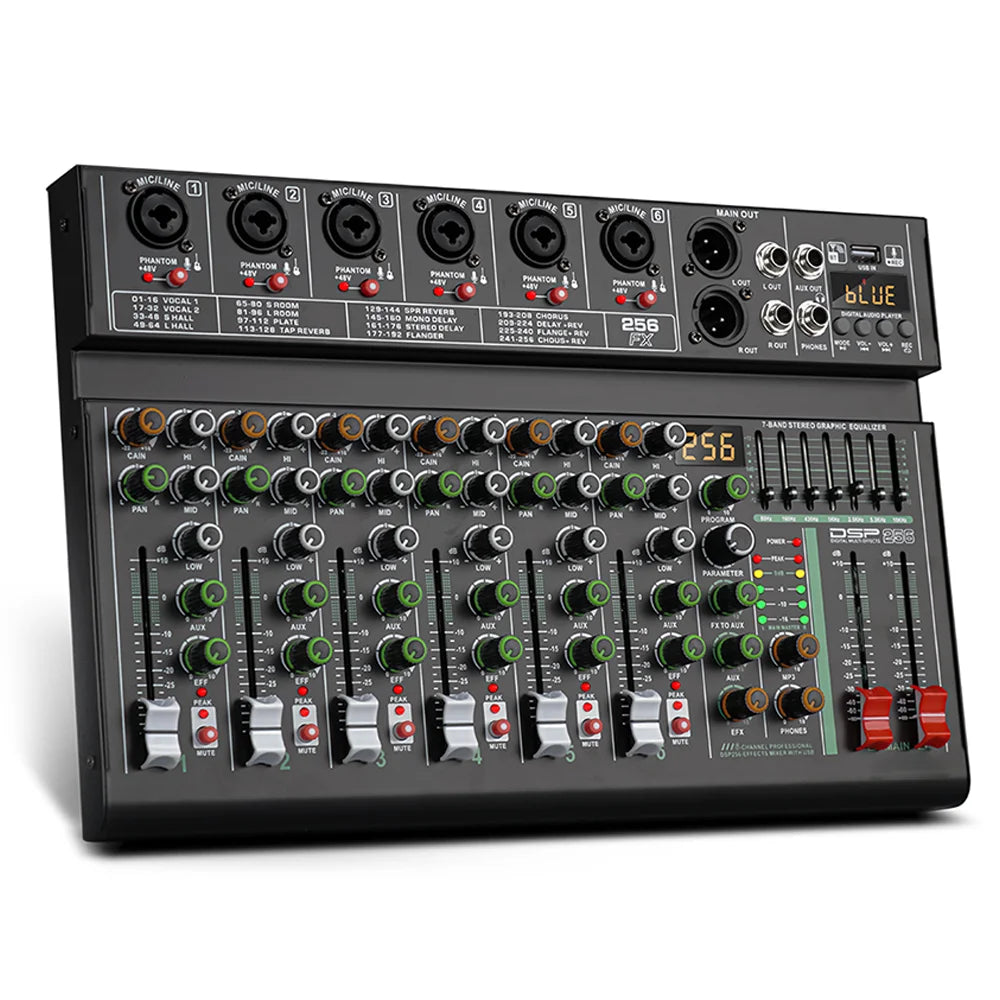 BOMGE 4/6 Channel 256DSP Audio Mixer USB Bluetooth/catu daya 48V independen/cocok untuk studio, panggung DJ, pesta