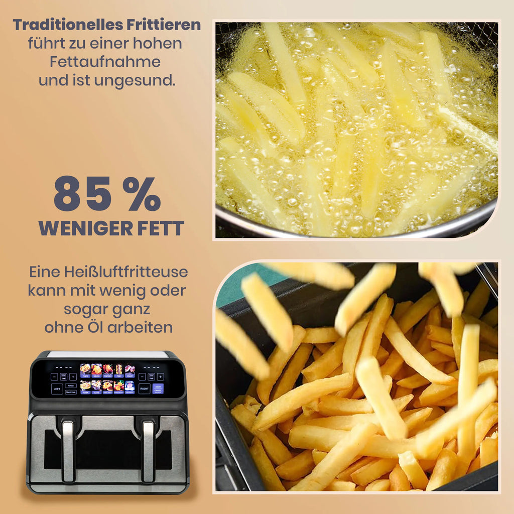 2200W Hot Air Fryer Dual Basket 9L Multi-Function Air Fryers with LED Touch Screen Timable Auto Programmes,Family Oven Size