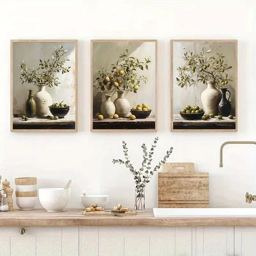 1pc Frameless Retro Still Life Poster Printing Lemon Olive Tree Plant in Vase Canvas Painting Plant Antique Family Room Decor