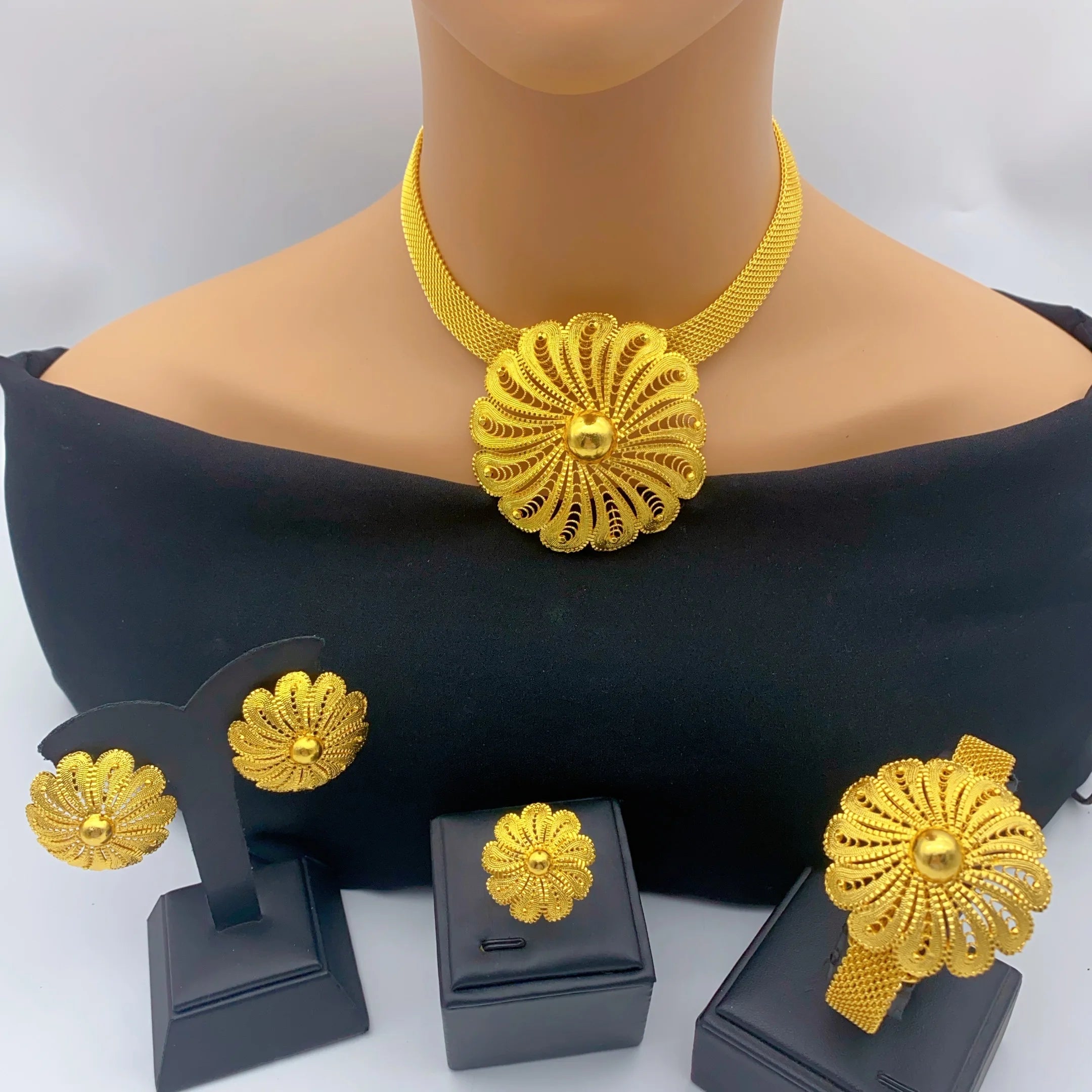 Ethiopian 24k Gold Color Charm Necklace Earrings Set For Lady Africa Big Pendant Choker Jewelry Wedding Party Accessories
