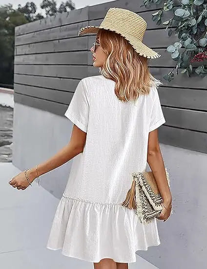 Casual Cotton Linen Summer Mini Dress For Women V-Neck Ruffles Short Sleeve Short Dress Ladies Fashion Loose Button Dresses