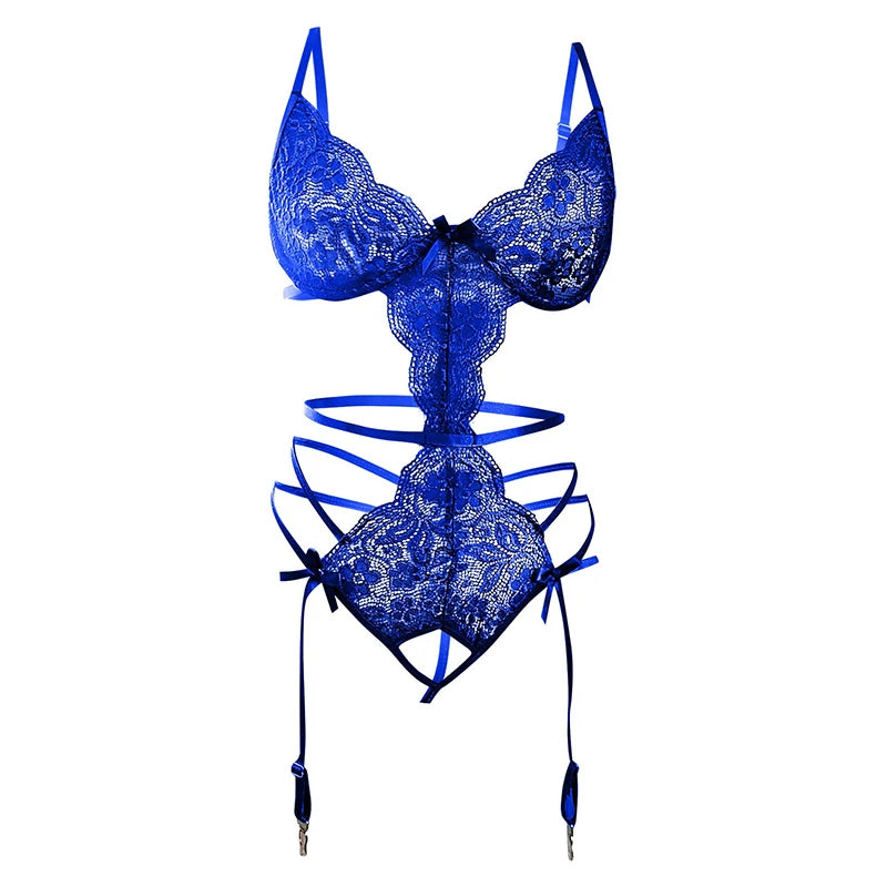 Erotic Lingerie For Women Sexy Costume Garter + Thong Set Lace Mesh Nightie Deep V Suspenders Baby Doll Dress Porn Underwear Set