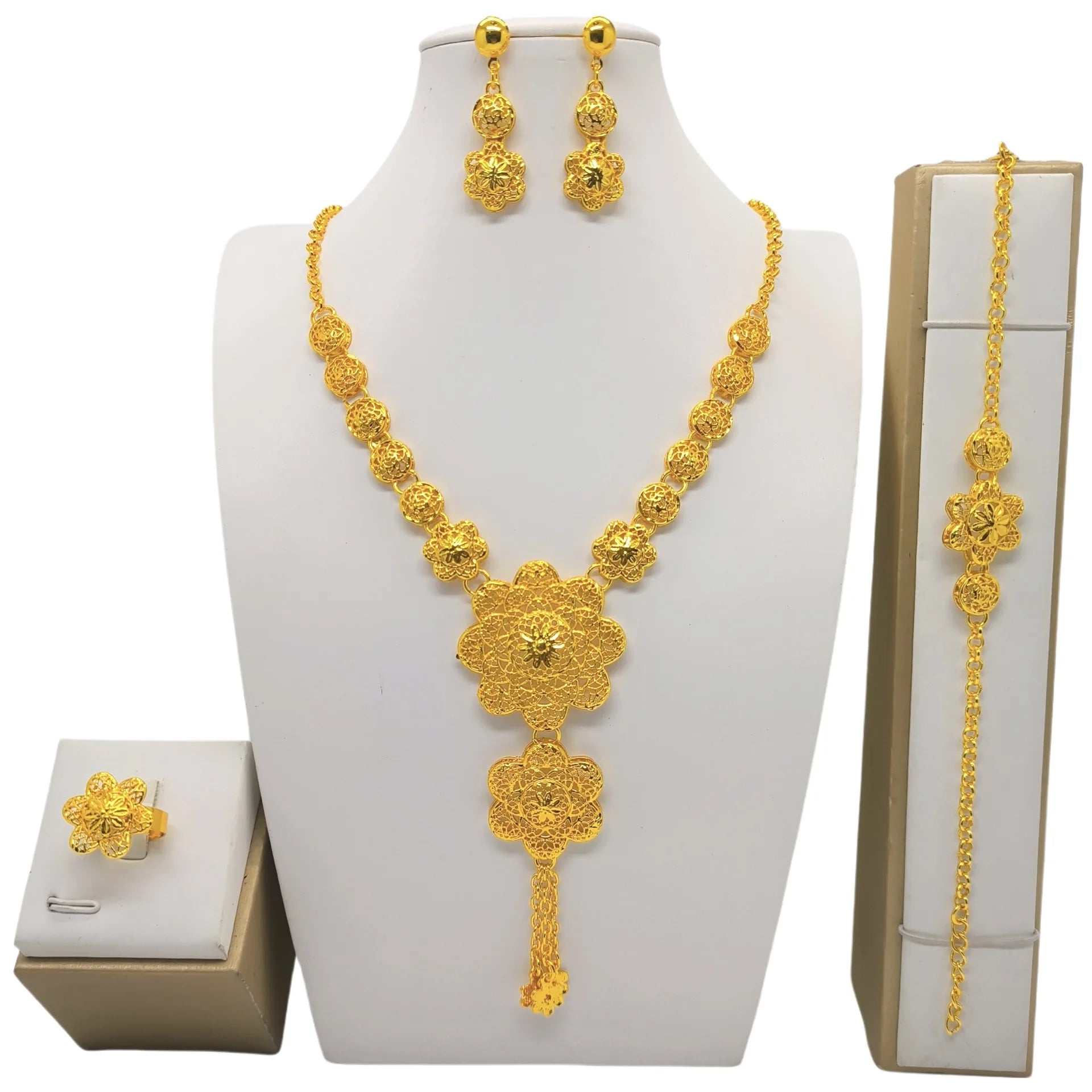 Ethiopian Gold Color Jewelry Set For Women Dubai Bridal Necklace Earring Bracelet Ring Set Moroccan African Jewellery Gift
