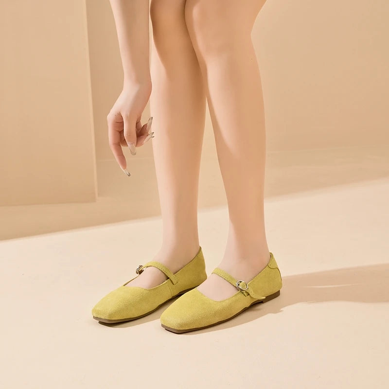 AIYUQI Mary Jane Women's Shoes 2026 New Suede Leather Non-slip Women Ballet Flat Shoes Square Toe Comfortable Female Shoes