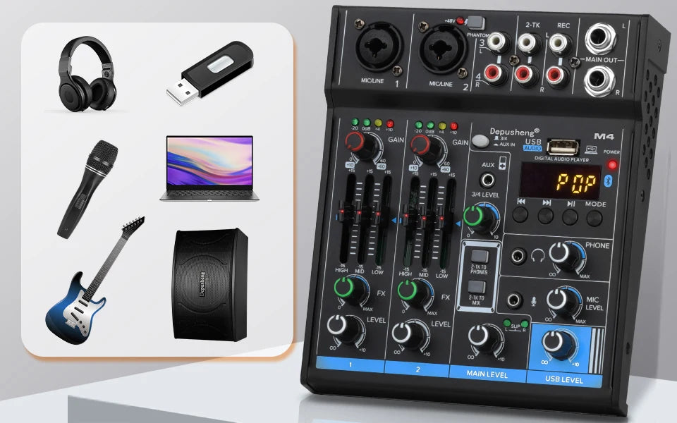 Audio Mixer Depusheng M4 4-Channels Mini Sound Mixing Console Bluetooth USB Record Computer 5V Repaeat Effect