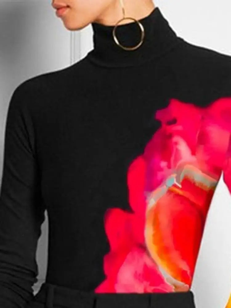 Casual Spring Women Tops Fashion Contrast Color Printed 2025 New Long Sleeve High Neck Skinny T-Shirts For Office Lady