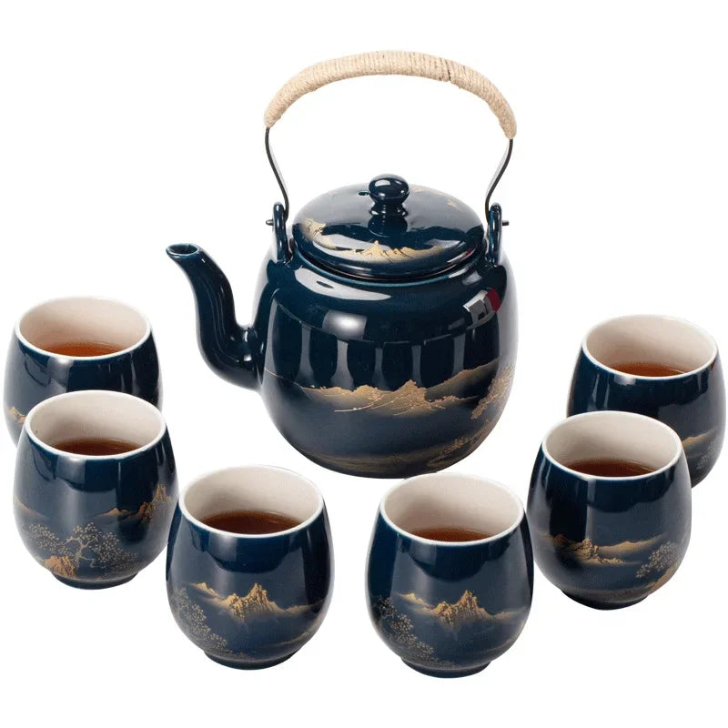 Black glaze large-capacity tea set, simple ceramic beam pot, teacup whole tea pot set  tea set  tea pot and cup set