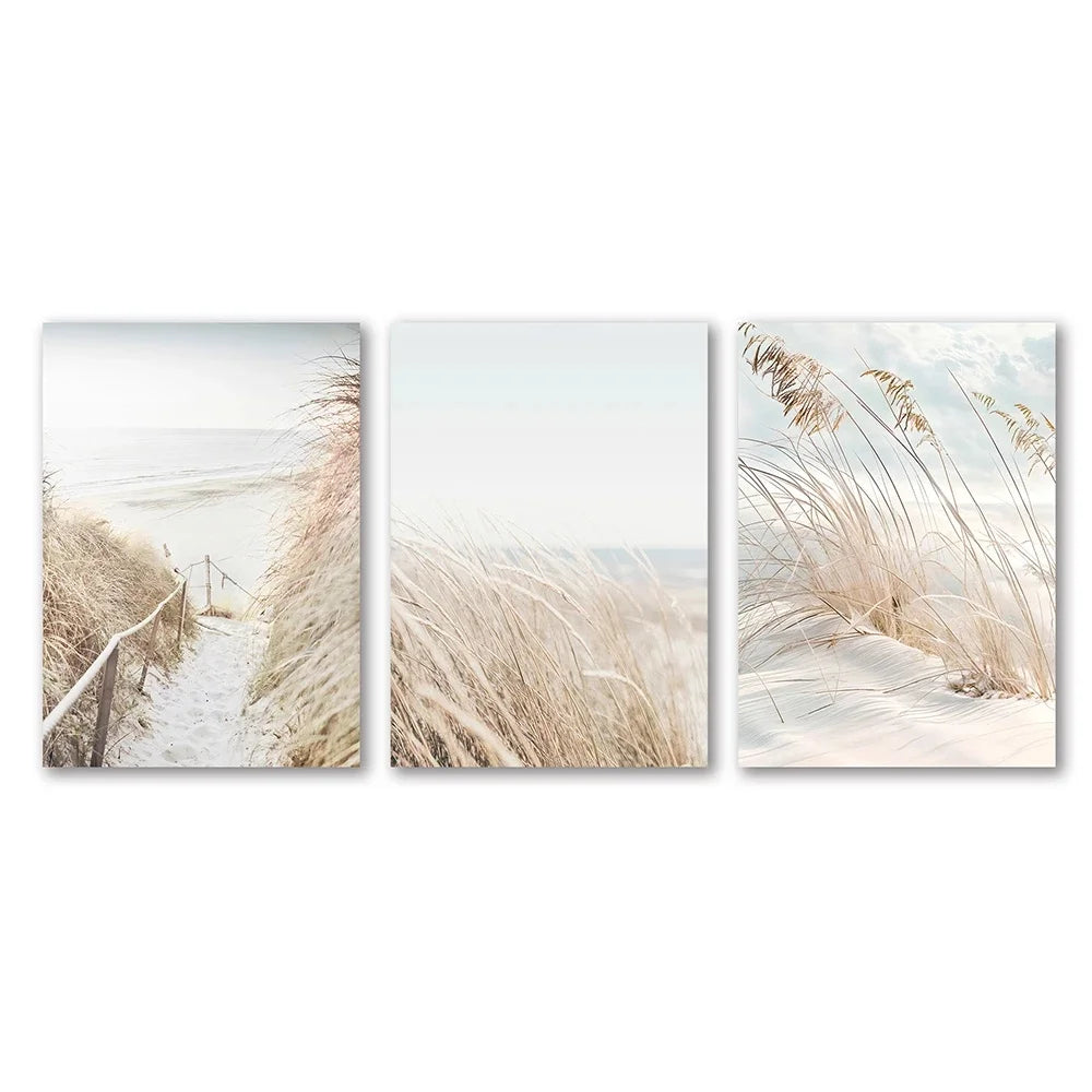 3pcs White Seascape Canvas Painting Nordic Sea Beach Pampas Botanical Grass Posters Decor Living Room Bedroom Wall Art Decor
