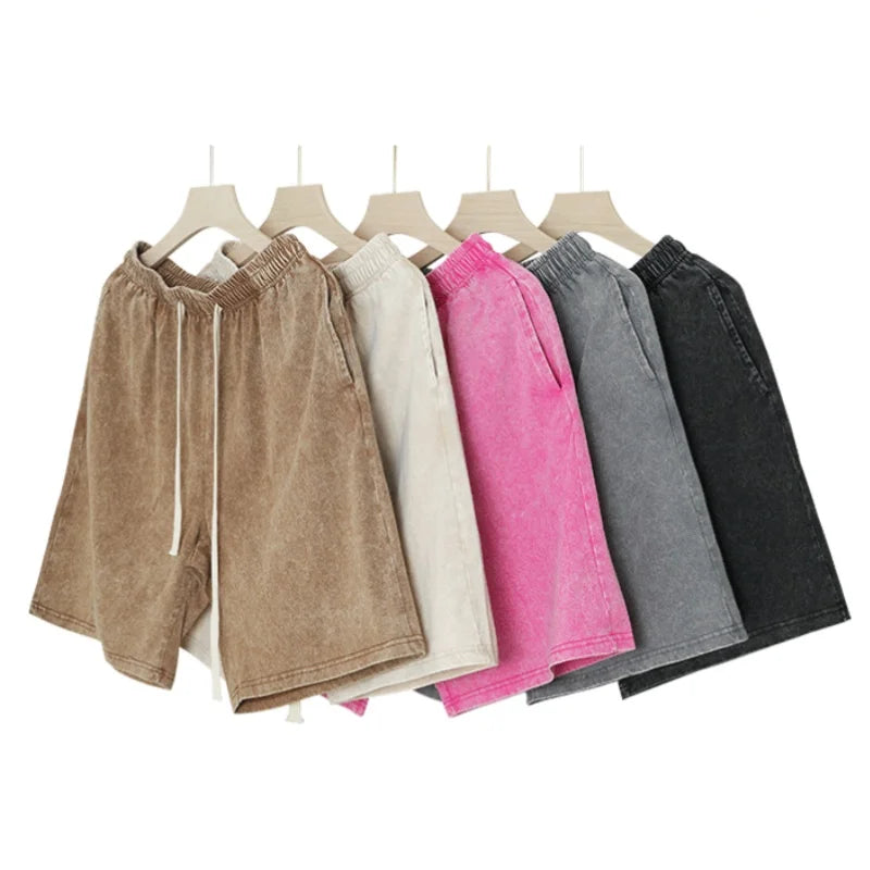 2026 New Distressed Summer Shorts Men 320G Heavy Cotton Drawstring Harajuku Loose Sweatshorts Male Casual Short Pant Streetwear