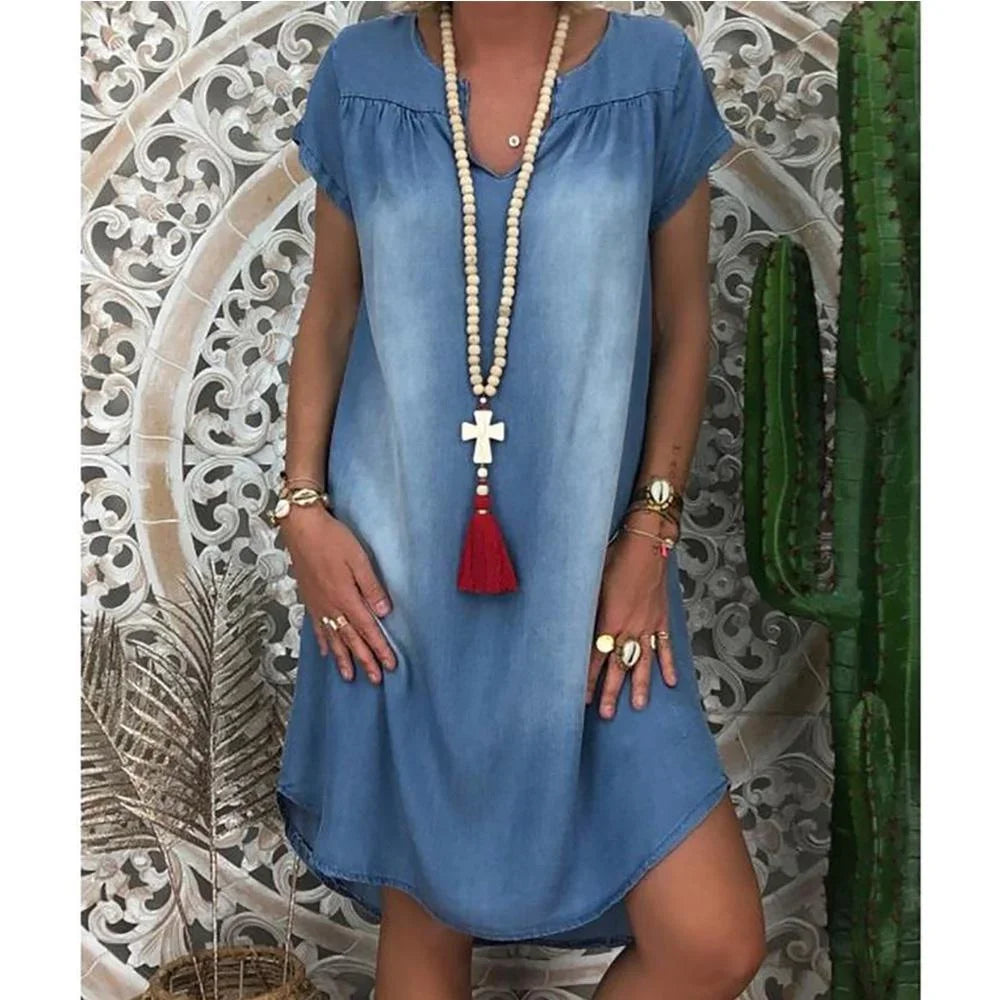 Denim Dress Swing Summer Dress Plus Size 1XL-5XL Women's New Fashion Casual Solid V Neck Long Party Loose Short Sleeve