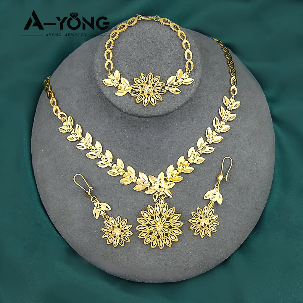 Ethiopian Gold Color Jewelry Set 21k Gold Plated Dubai Bridal Wedding Necklace Earring Set Moroccan African Jewelrys Gift