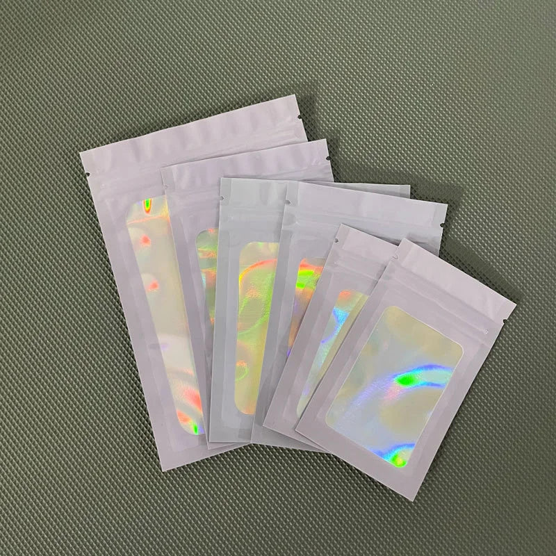 100pcs Iridescent Zip Lock Bags Smell Proof Mylar Bags Resealable Odor Proof Bags Holographic Makeup Bags Hologram Zipper Bags
