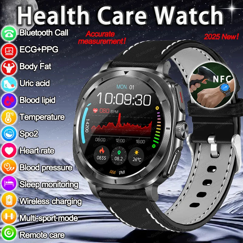 2025New ECG+PPG Laser Diagnose Blood pressure Smart Watch Men Heart Rate Uric Acid Blood fat Body analysis Health NFC Smartwatch