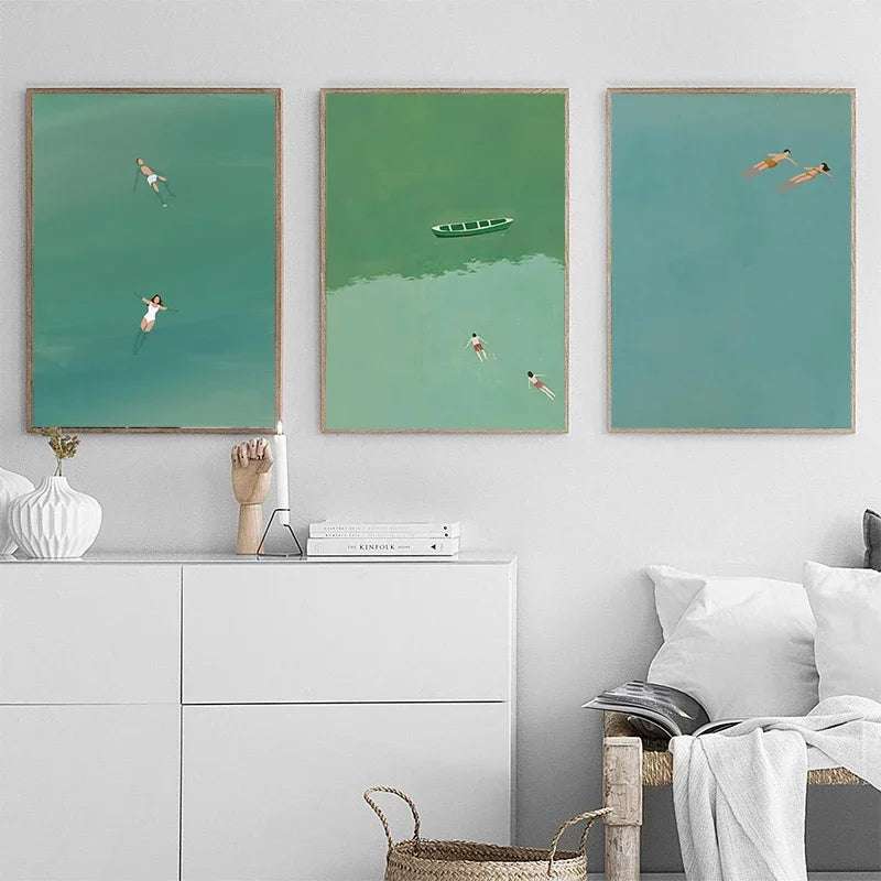 Canvas Painting Decoration Minimalist Abstract Surrealism Light Green Seawater Swimming Art Living Room Bedroom Home Decoration