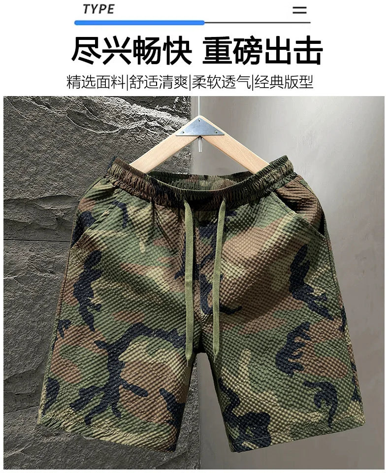 Casual Seersucker Texture Shorts Quick-Dry Breathable Straight Elastic Waist Printing Street Vacation Shorts Loose Fit Shorts