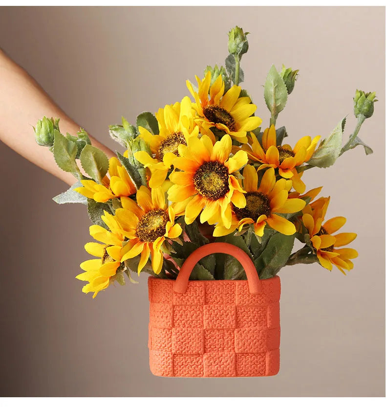 Creative Woven Handbag Vase Ceramic Flower Pots Decorative Flower Arrangement Desk Decoration Ornaments Crafts Floral Vases