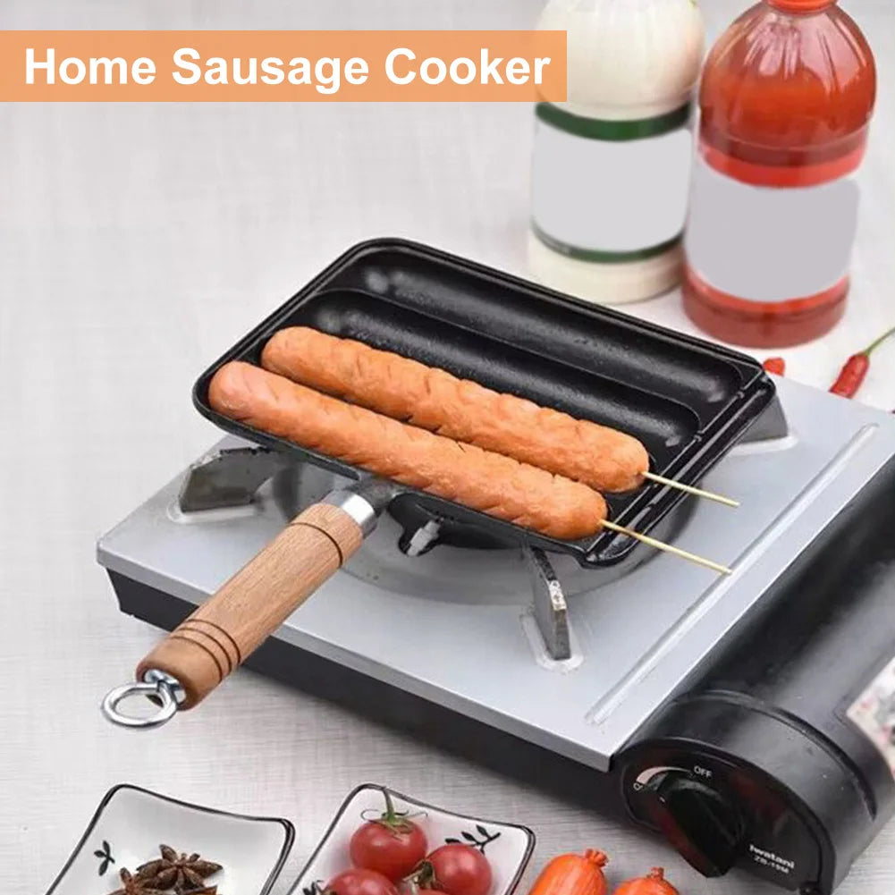 Cast Iron Pre-Seasoned Pot Non-Stick Pre-Seasoned Grilled Sausage Pot with Wooden Handle Hot Dog Mold Pan BBQ Supply Grilled Pot
